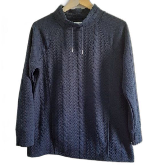 Liz Claiborne Sweaters - VTG. Liz Claiborne Navy Drawstring Kangaroo Pocket Cable Mockneck Sweater M